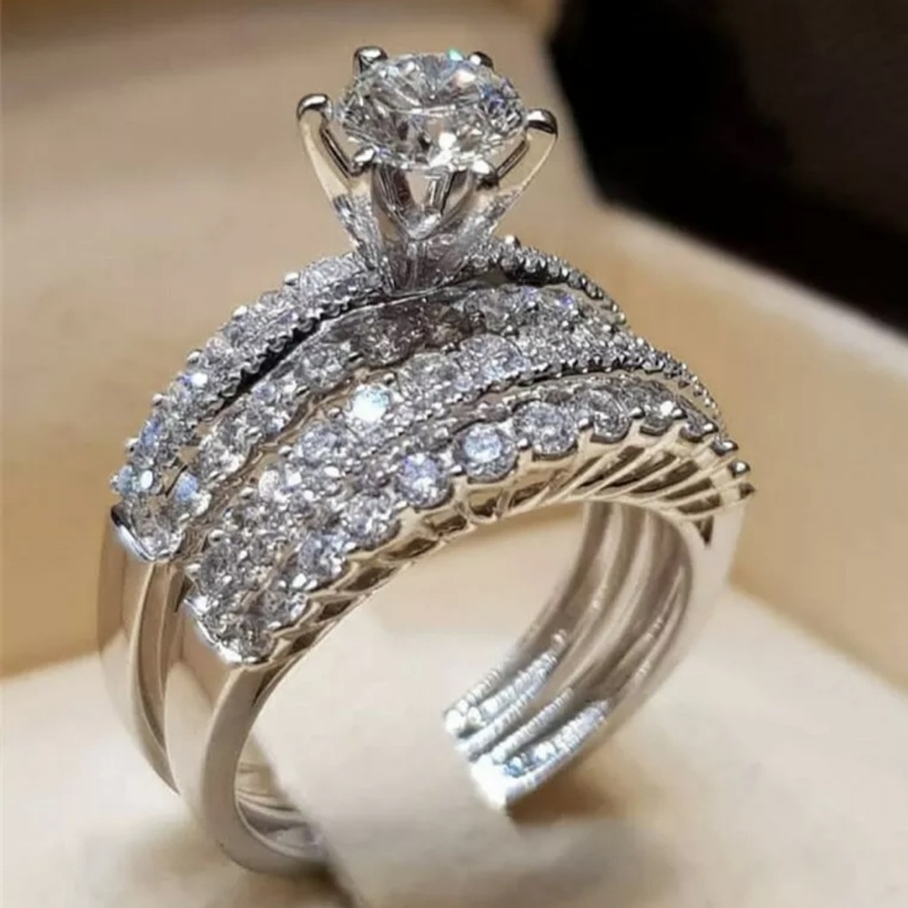 NEW 2pc Silver Diamond Engagement Ring
